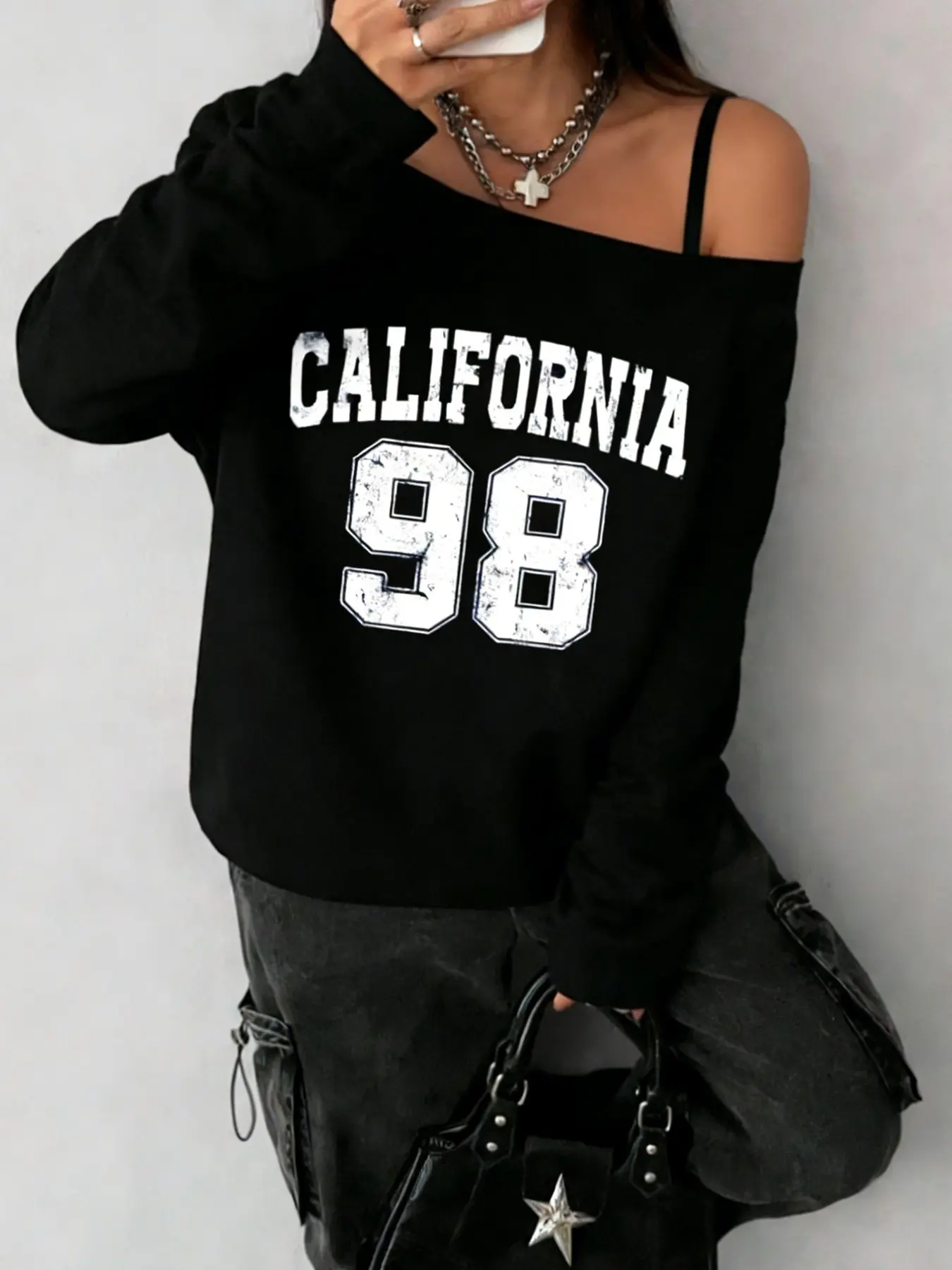 2026 New American Retro Casual California 98 Print Off-Shoulder Sweatshirt, Irregular Slant Shoulder Long Sleeve Top, Soft Skin-Friendly Fabric