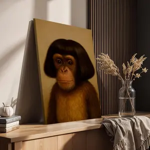 A humorous chimpanzee portrait, framed in wood and decorated with canvas, this retro-style monkey wall art is suitable for decorating living rooms, bedrooms, and children's rooms, Wooden Wall Art