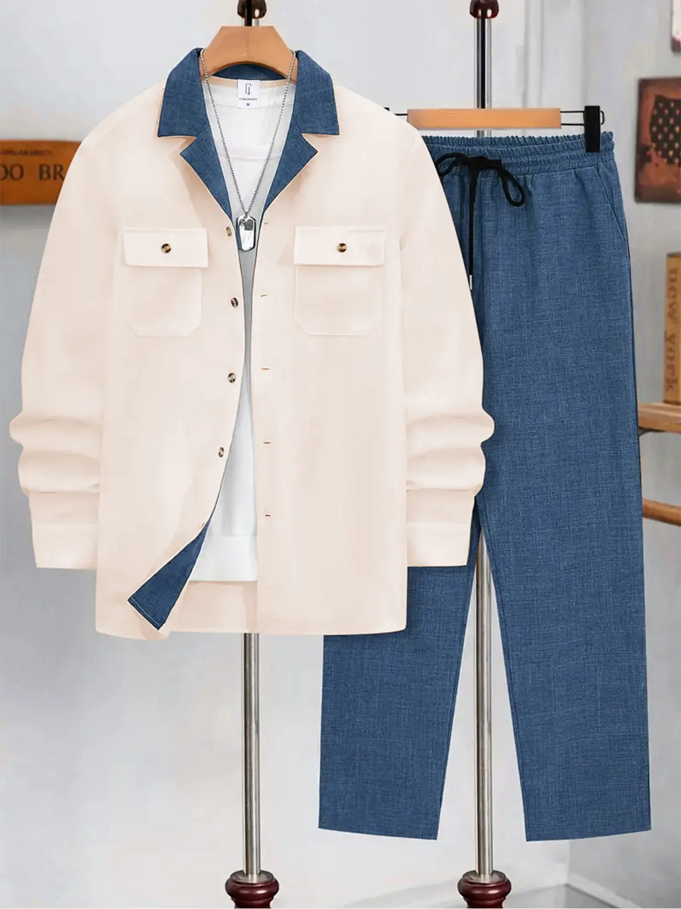 Men's 2 Piece Fitted Outfit Sets Lounger Button Up Long Sleeve Shirt Matching Pants Trouser Loungewear Casual Fitted Fashion Style Suitable for Outdoor Wear, Beach Vacation, Travel and Other Outdoor Activities