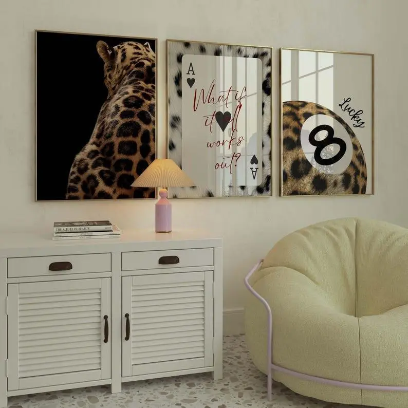 Leopard poster card what if it all work out trendy wall art set of 3 lucky 8 ball aesthetic y2k wall art cheetah prints chic bedroom decor
