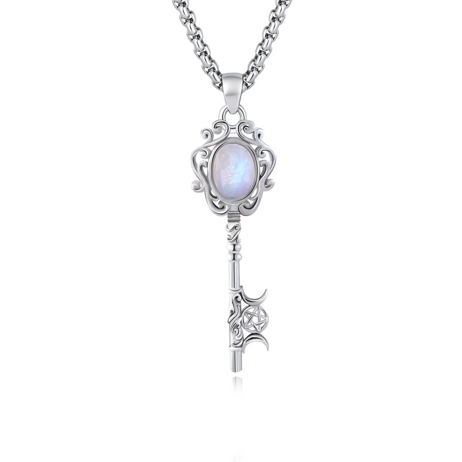 IXLUCK Natural Moonstone Necklace for Women, Triple Moon Goddess Key Pendant, Silver Plated Spiritual Amulet, Hypoallergenic Jewellery Gift, Key Pendant Necklace, Amulet Necklace