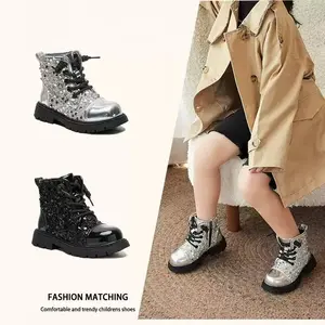 Kids Glitter Combat Boots | Sparkly Silver/Black Trendy Toddler Boots