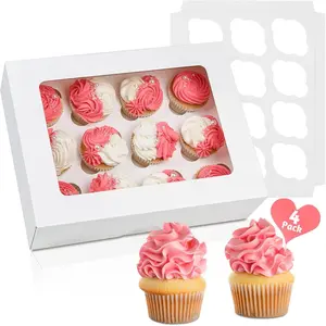 12 Count Cupcake Boxes, 4 Pack Auto-Popup White Cupcake Containers with Window and Inserts Cupcake Carrier with Holders to Fit Dozen Cupcakes and Muffins