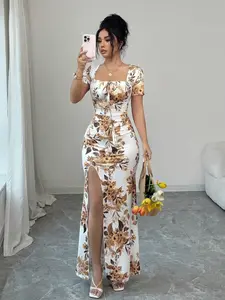 Vintage Floral Square Neck Split Dress, Slim Fit Waist Fish Tail Casual Dress, Wedding, Date Night, Vacation, Coffee Shop