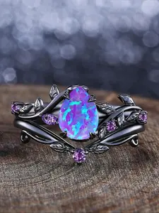 Unique Black Ring Set Water Drop Design Synthetic Opal Inlay Stackable Statement Rings for Women & Girls, Women's Engagement Ring & Birthday Gift Jewelry Accessory