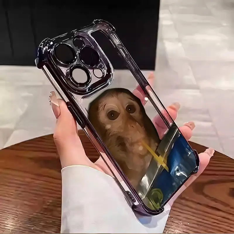 Monkey Sipping Capri Sun Phone Case - Electroplated Airbag Shockproof Soft TPU Cover for iPhone 11-17 Pro Max Plus Air, Samsung S22-S26 HH9012