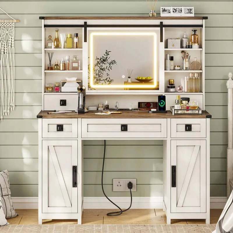 [SummerSale] Sikaic Farmhouse Makeup Vanity Desk with Lights & Charging Station, 47.2" Vanity Table with Sliding Mirror, Large Makeup Vanity Desk with Ample Storage Space, Home Furniture, Dorm Essentials