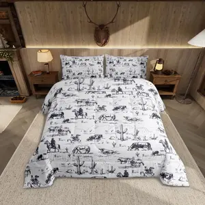 Western Comforter Set, White and Black Cowboy Cow Bedding Set, Cowboy Comforter Desert Cactus Bed Comforter Set, Bedroom Bedding Set, Breathable Duvet Set