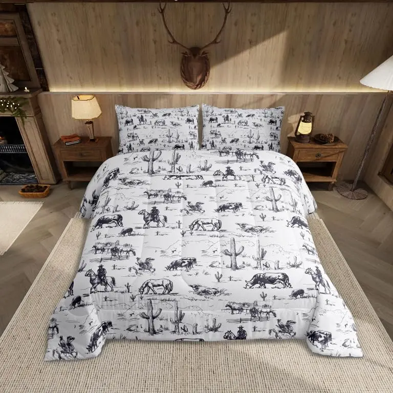 Western Comforter Set, White and Black Cowboy Cow Bedding Set, Cowboy Comforter Desert Cactus Bed Comforter Set, Bedroom Bedding Set, Breathable Duvet Set