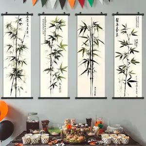 4 Count Hanging Banners, Chinese Ink Bamboo Art Poster, Minimalist Decor, Elegant Living Room Decoration, Fashion Home Decor