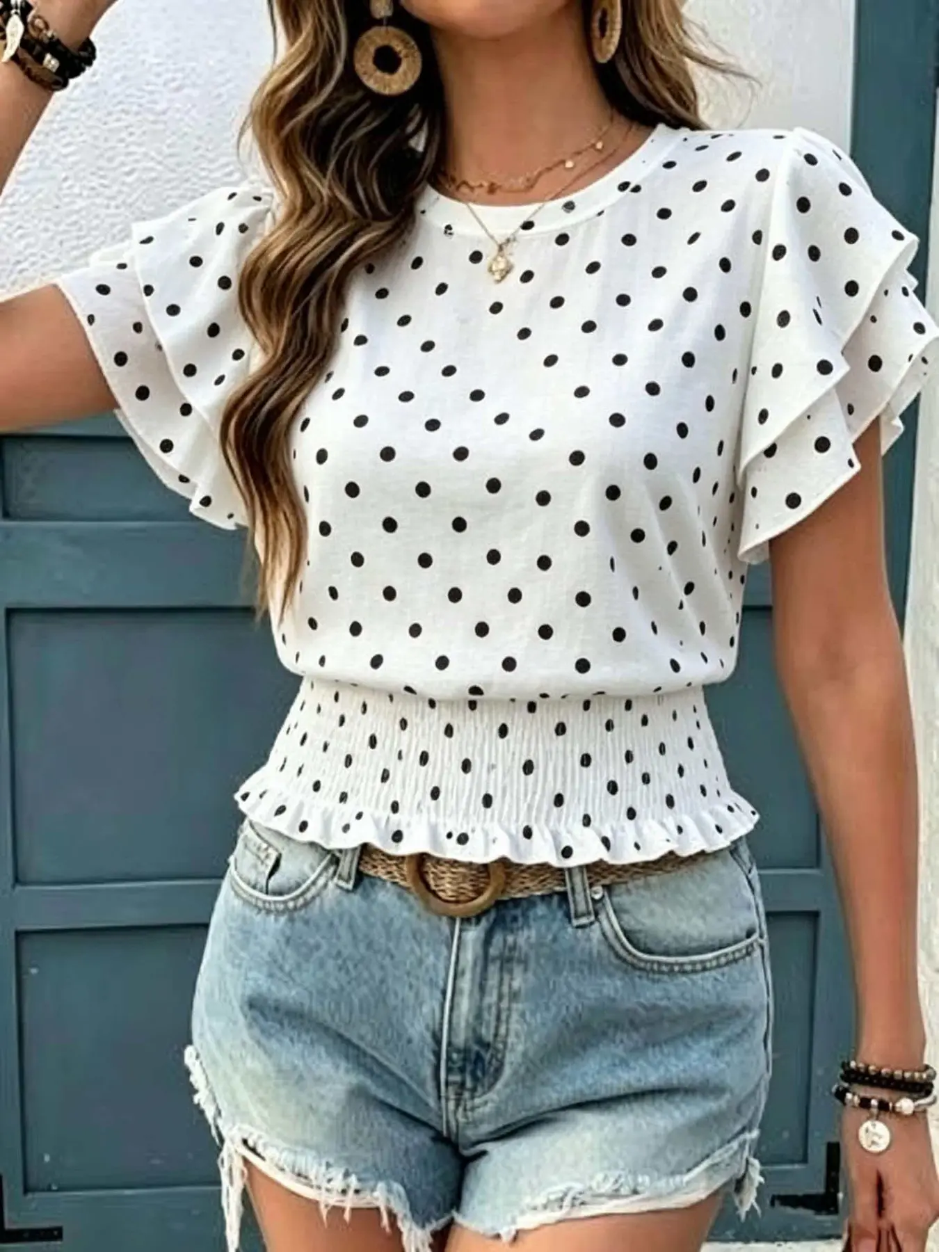 Women's Casual Floral Ruffled Ruffle Hem Short Sleeve Round Neck Top, Summer Fashion Blouse, Comfortable and Stylish Upper Garment for Daily Wear, Blouses Shirts Tops