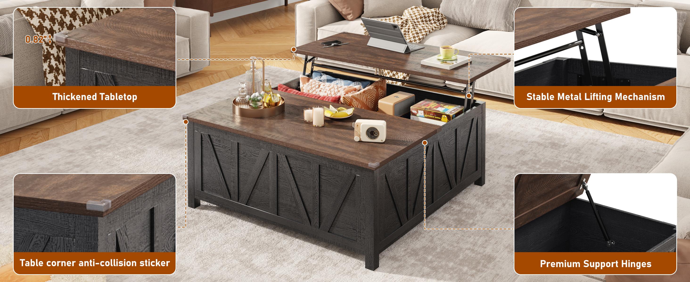 Lift Top Coffee Table 43.3" Farmhouse with Hidden Storage Compartment & Adjustable Shelves, Square Multi-Functional Coffee Table for Living Room