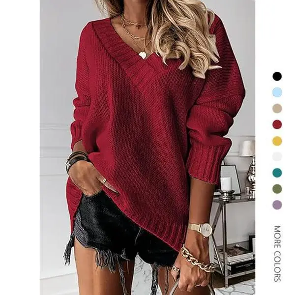 Danedvi Women's Casual Oversized Fuzzy Sweater, V Neck Long Sleeve Solid Color Drop Shoulder Knit Pullover, Longsleeves, Basic