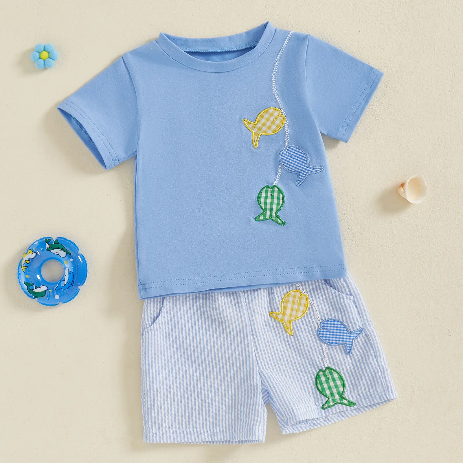 Toddler Boys Summer Outfits Fish Embroidery Short Sleeve T-Shirts Elastic Waist Shorts 2Pcs Clothes Set 6M-4Y