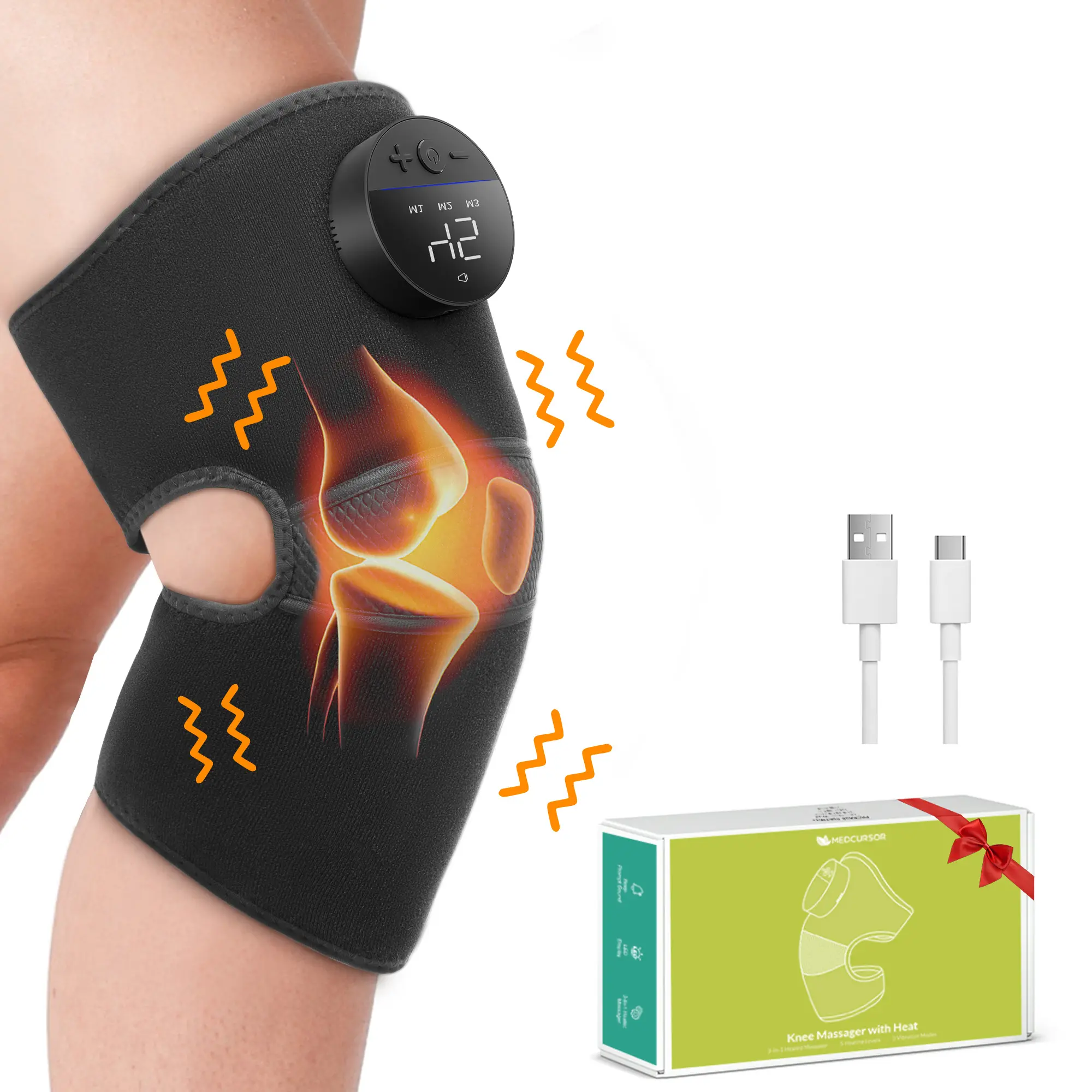 Medcursor Soft Plush Cordless Vibratory Knee Massager with Heat, Adjustable Red Light Therapy, 3 Vibration Modes, 5 Heating Levels, Lightweight for Elbows - Father's Day Gifts, USB Port, Batteries, Body Massagers for Him, ASMR Relax Device, Vibratory Mass