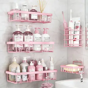 Caddy Shower Storage 5-Piece Set Self-Adhesive Stainless Steel Shelf No Drilling Required Rust-Resistant Pink Bathroom Decor Accessories for Shampoo & Body Wash