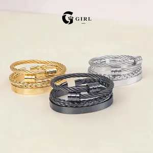 GGIRL Men's 18K Gold Plated 3 Pairs Stainless Steel Bracelet Set - Golden Roman Numeral Bangle, Twisted Cable, Adjustable Cuff - Fashion Costume Jewelry Gift for Christmas, Birthdays