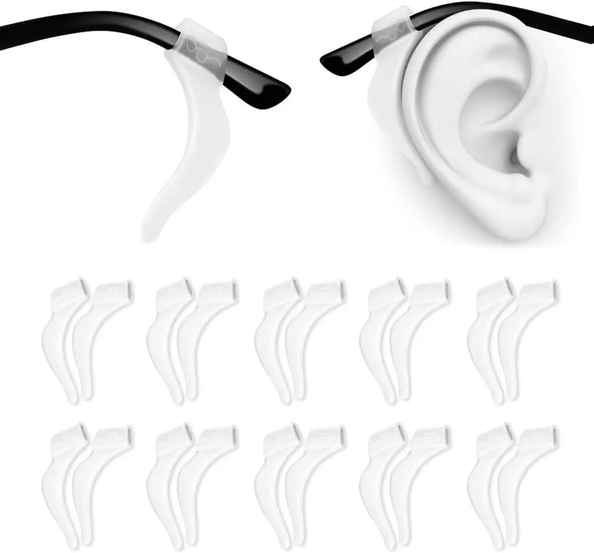 Glasses Grips, 10 Pairs Arc-shaped Silicone Ear Hooks, Non-Slip & Allergy-Free Temple Holders, Reduces Pressure Points for a Secure Everyday Fit