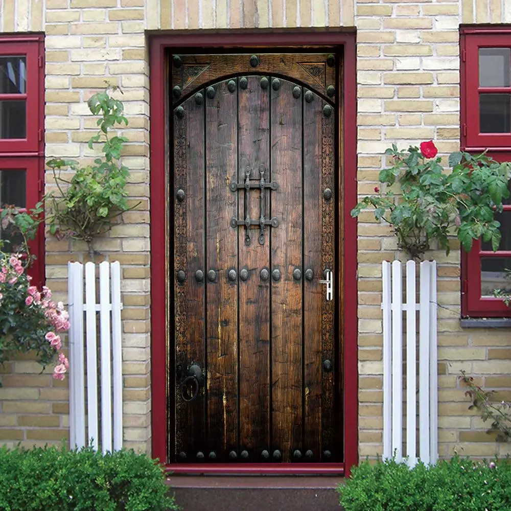 Wood Door Pattern Self-adhesive Wallpaper, Detachable Retro Wood Door Stickers, Self-adhesive Moisture-proof Vintage Door Wallpaper for Home Decoration