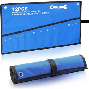 Wrench Tool Roll Up Pouch Metric 12 Pocket (8-19mm) Tool Roll Bag for Wrenches Organizer Oxford Canvas Wrench Holder Blue