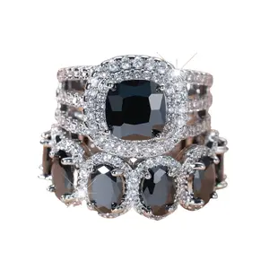 Oval Black Zircon Ring Set Micro Pave Sparkling CZ Stackable Luxury Rings