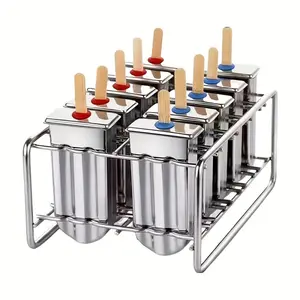 1 Set 10 Pcs 304 Stainless Steel Popsicle Molds Set with Lid, Stainless Steel Popsicle Holder Base and Sticks, DIY Metal Ice Pop Molds Creative Fruit Ice Cream Molds Kitchen Tools