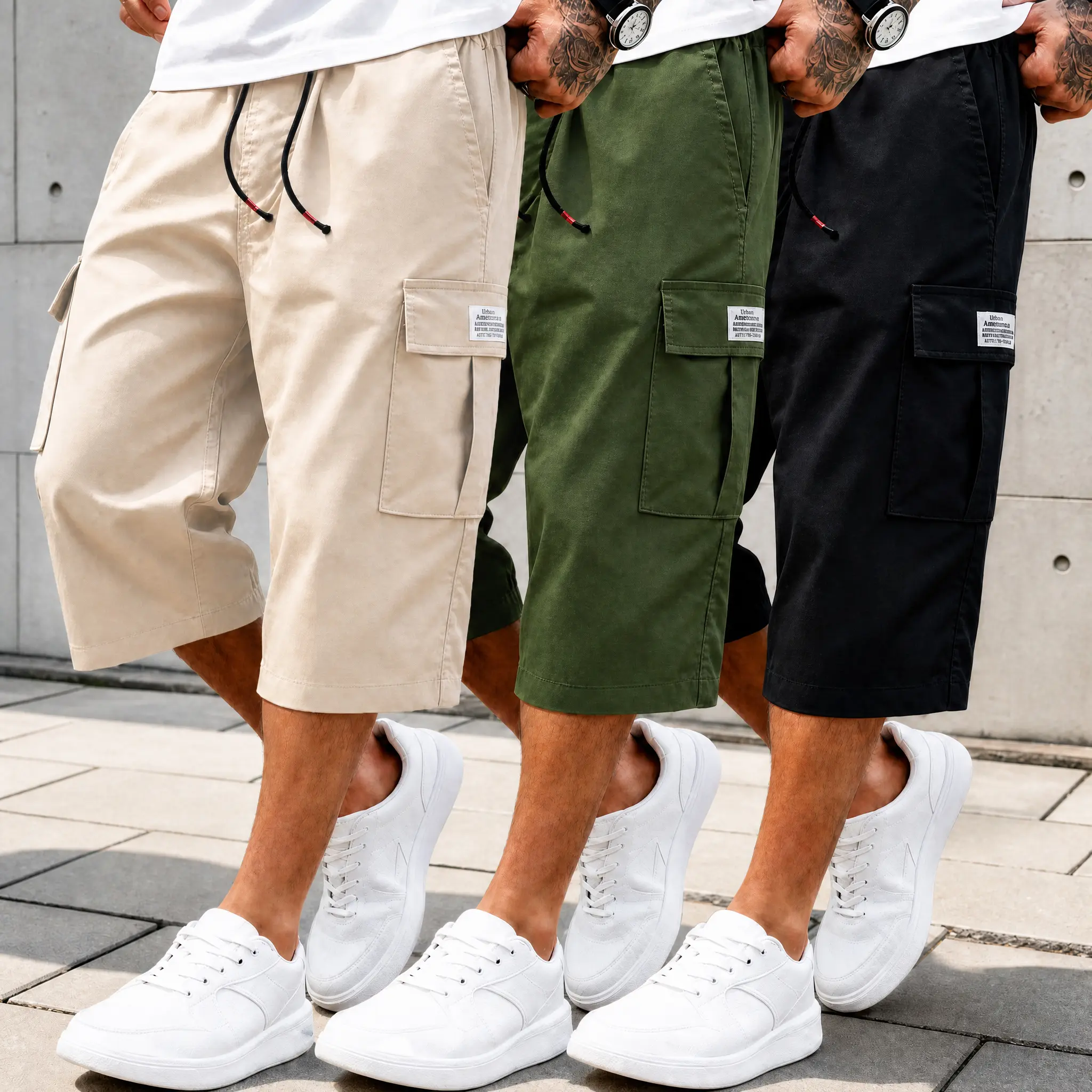 Men's Cargo Capri Pants 3 Pack, Below Knee Cargo Shorts Style, 3/4 Length Cropped Pants with Large Pockets, Drawstring Waist Casual Summer Athletic Pants sohochic
