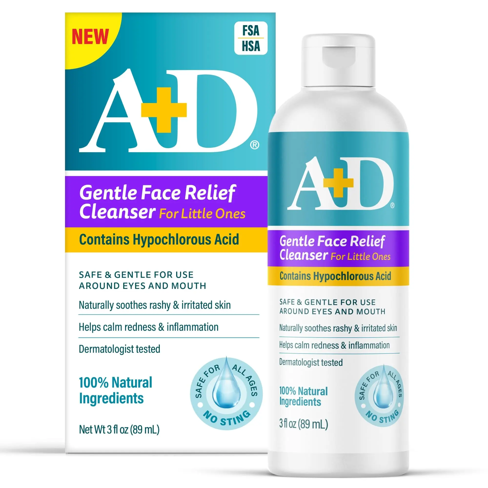 A+D Gentle Face Relief Cleanser for Little Ones with Hypochlorous Acid 3 oz - 100% Natural Ingredients, Non-Toxic, Sting-Free Formula, Safe Around Eyes & Mouth