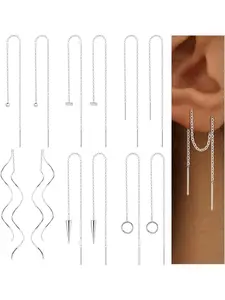 6 Pairs Stainless Steel Chain Tassel Earrings for Women Lightweight Wave Threader Ball Dangle Drop Minimalist Chain Earrings Set Earring Stacking Set