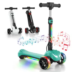 【Christmas Choice】Electric Scooter for Kids Ages 3-12 with Bluetooth Music Speaker, LED Light 3 Wheels, Thumb Accelerator, 3 Adjustable Height Toddler Motorized Scooters, Balance Training Scooter for Toddlers, Foldable Electric Scooter for Boys/Girls