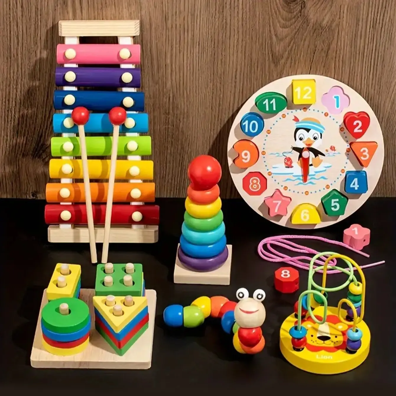 Montessori 6-Piece Geometry Set with Time Numbers, Xylophone, Caterpillar, Color and Shape, Stacker, Preschool Wooden Busy Board Educational Toys, Fun Learning Tools for Kids Multi Activity Playset, Toddler Playset, Preschool Development Kit