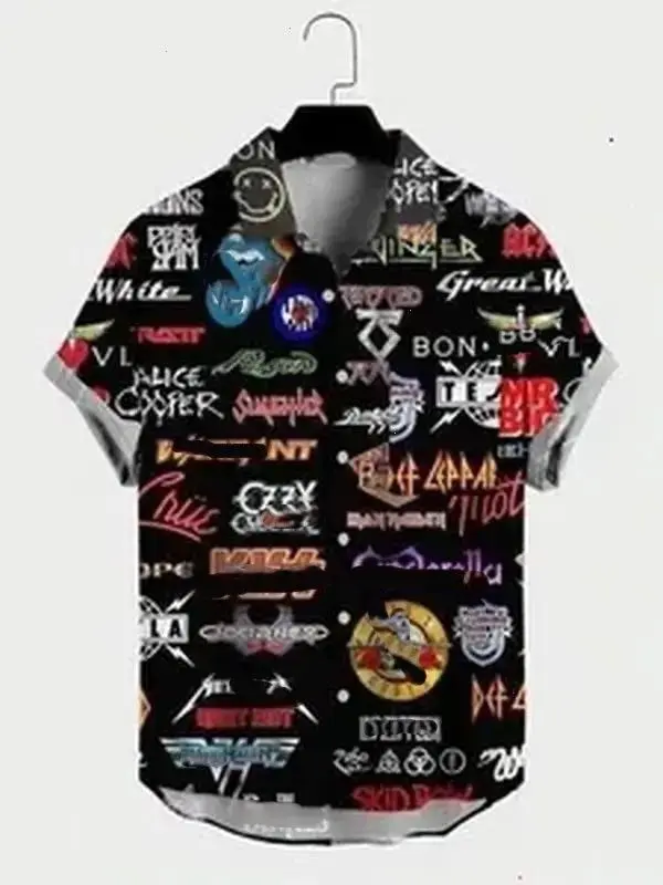 Printed 80s Rock Band Hawaiian Shirt, Retro Throwback Music Aloha Shirt, Vintage Summer Button-Up for Men