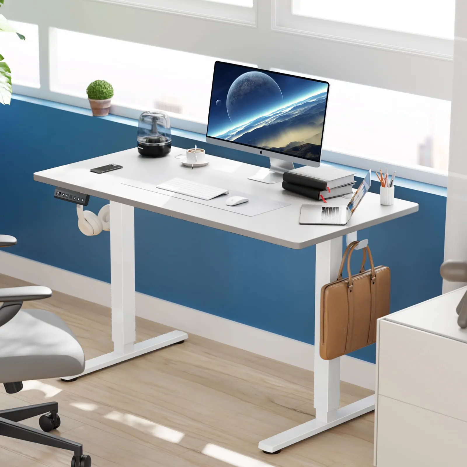 Electric Height-Adjustable Wood Standing Desk (40x24 in) - Memory Presets, Hooks, Cable Management - Ergonomic Flex Desk for Small Home Office Compact Rooms