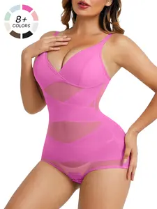 Women's Abdominal Control Shapewear Bodysuit, High Elastic Breathable Mesh V-Neck Full Body Shaping Garment, Casual All Seasons Wear Underwear
