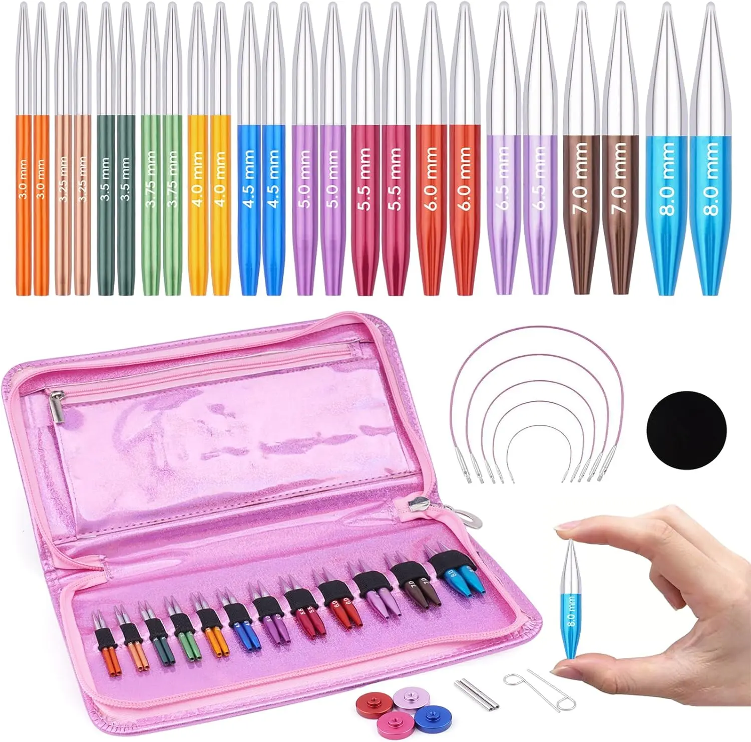 Interchangeable Knitting Needles Set 2 Inch Short Circular Knitting Needles for Sock,Aluminum Shorties Knitting Round Needles for Beginner and DIY Crafts (12 Pairs 3.0~8.0mm)