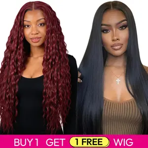 Limited Stock! Buy 1 Get 1 Free Blended Human Hair Lace Front Wig | 180% Density, 99J Ocean Wave Wigs & #1B Straight Hair Wig