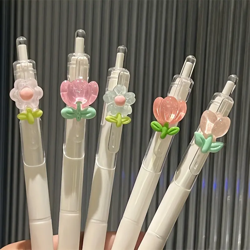 5Pcs Tulip Flower Gel Rollerball Pen Set, Aesthetic Pens, Medium 0.5mm, Quick Drying Plastic Writing Pens, School and Office Supplies, Writing Stationery, Ink Gel Pens, Cute Office Pen