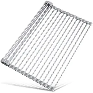 Tomorotec 17.7" x 15.5" Roll Up Dish Drying Rack Over Sink Drying Rack Sink Cover Kitchen Sink Accessories Gadget Multipurpose Organizer Foldable Stainless Steel Drainer