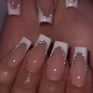 24pcs Luxury Square Nails Nude French Sparkle Nail Art, Salon Quality Nails, Fast 5-Minute Adhesive, No Damage to Natural Nails, Perfect for Evening Parties, Glittering Fake Nails