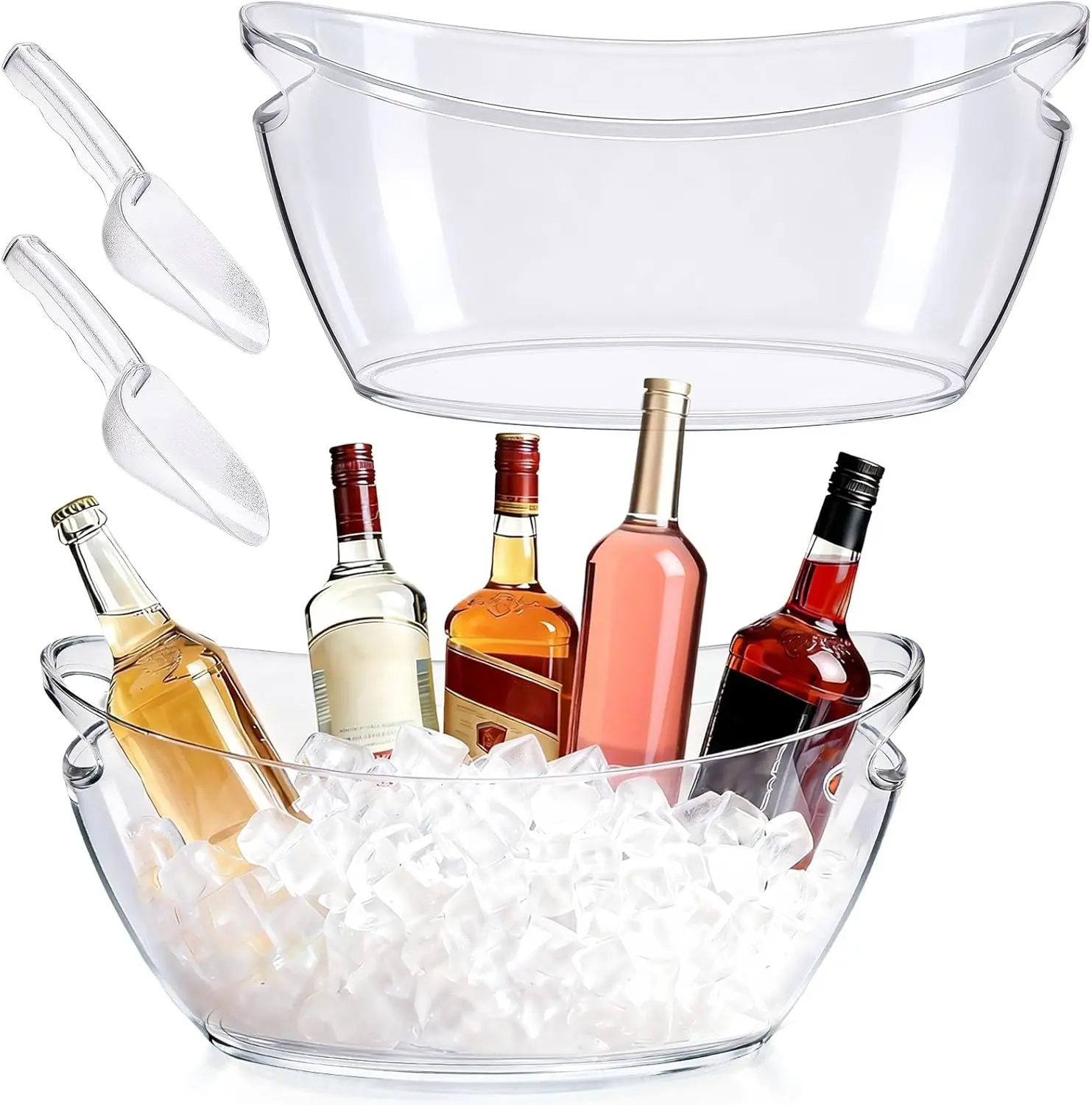 Transparent Sturdy 2-Piece Ice Bucket Set with Handles, 5.5L Drink Tub for Birthday, Party, Weddings, 16.5 x 7.3 x 6.8 inches Mimosa Bar Supply for Champagne, Beer, Cocktails, Moving