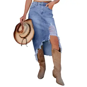 Dokotoo Women's Denim Skirt High-Waisted Irregular Hem Denim Skirt Frayed Asymmetrical Denim Skirt