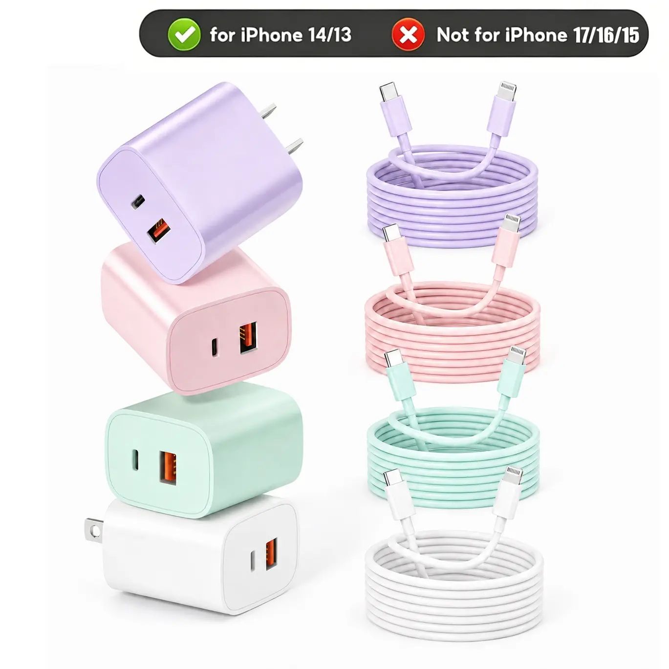 [iPhone 14 colorful Charger Set] 1/2/3/4 Piece Pack 20W + 18W Fast Charger Set wall charger block (Includes long 3m USBC-Lightning Cable) - Compatible for iPhone 14/13/12/11/Pro/Pro Max, Older Colored iPhone Chargers kit Cellphone Charger Set Electronic