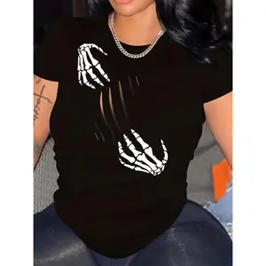 Skull Print Crew Neck T-shirt, Casual Short Sleeve Top For Spring & Summer, Women's Clothing