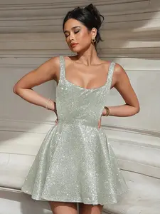 Glitter Silver Bright Silk Sparkling Spaghetti Strap A-Line Skinny Party Formal Mini Flared Dress