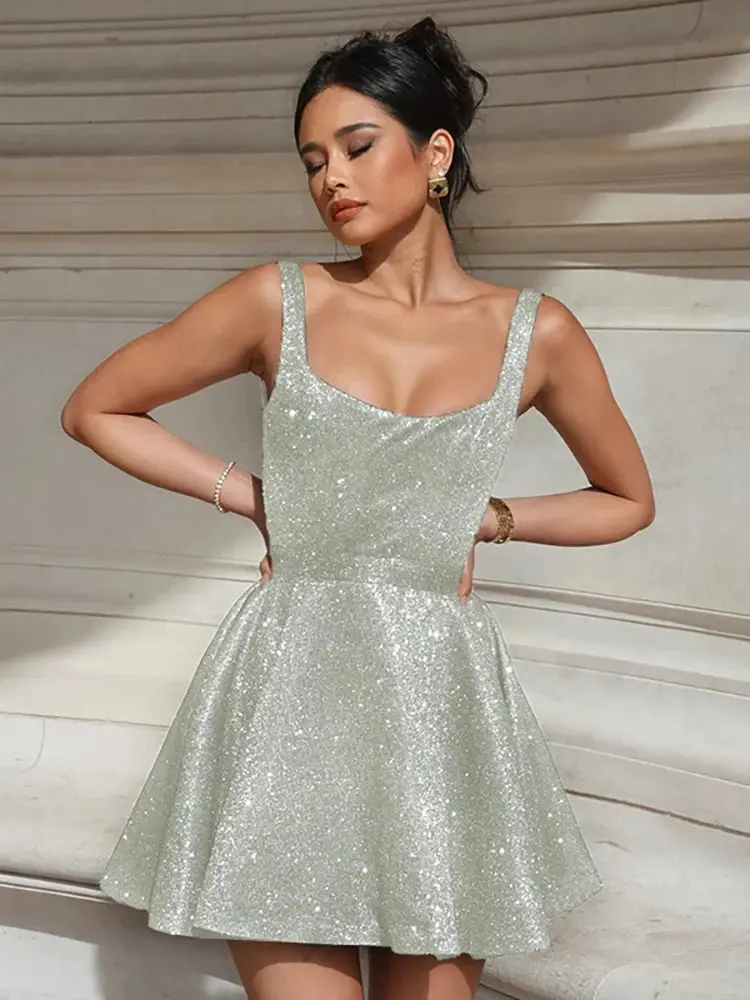 Glitter Silver Bright Silk Sparkling Spaghetti Strap A-Line Skinny Party Formal Mini Flared Dress