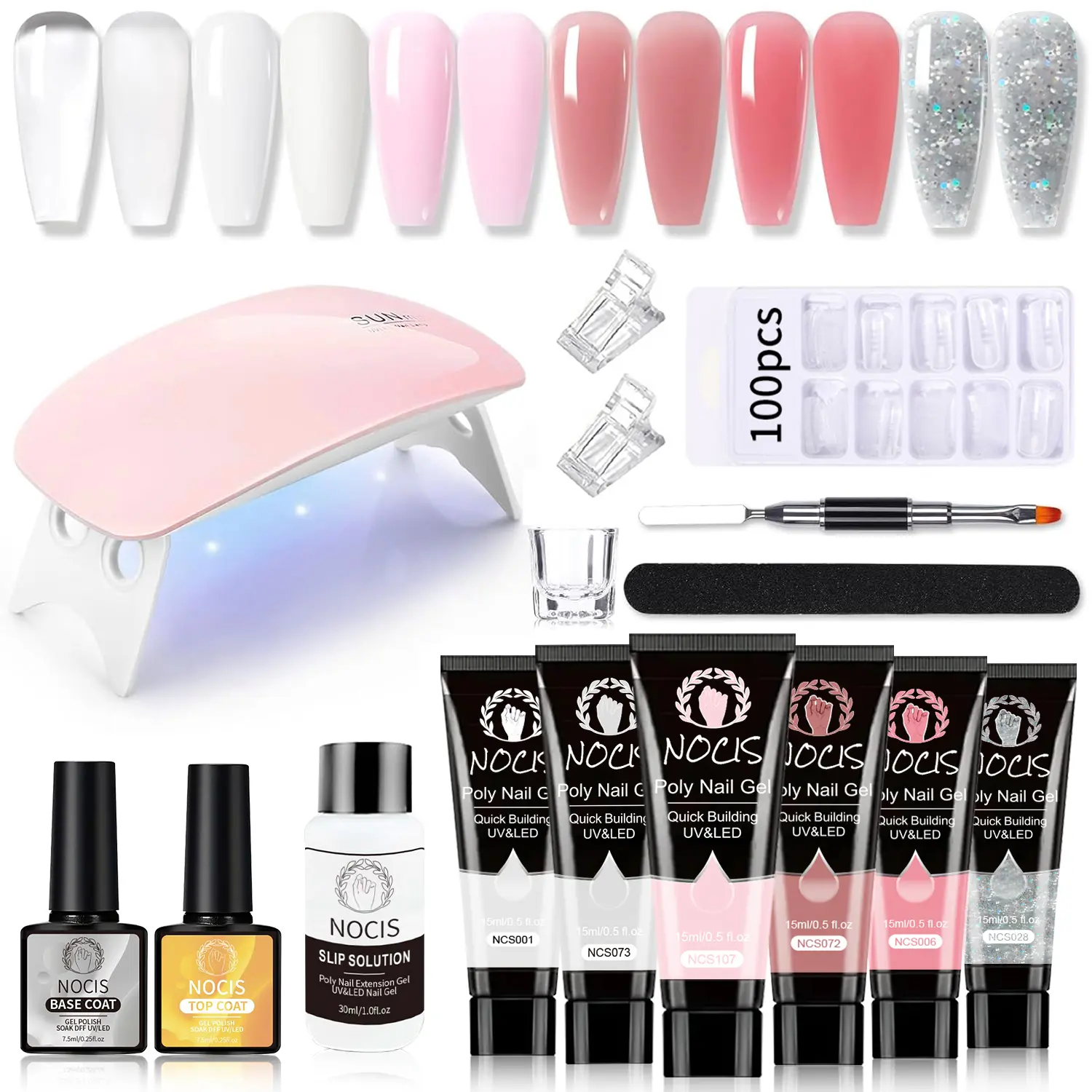 Nocis 6 Color Gel Nail Extension Kit, Polygel Nail Kit, Uv Gel Kit, Transparent Gold Colors, Mini LED Light Included, DIY Manicure Set for Beginners