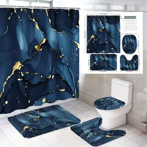 1/4pcsLuxury Navy Blue & Gold Liquid Marble Bathroom Set - Shower Curtain Sets (12 Hooks), Rectangular Rug, Contour Mat, Toilet Lid/Bidet Mat - Cozy Elegant Design for Spring Easter, Mother's Day Home Decor