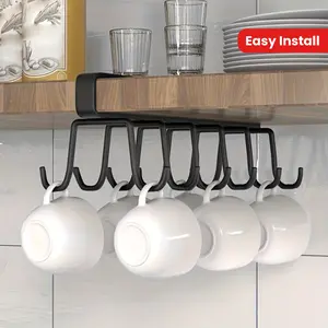 [Sleek Metal Hook] 1pc Sleek Black Metal Double-Row Cup Hook |       Easy-Install, No-Drill Wall-Mounted Rack for Kitchen, Bathroom & Bedroom - Space-Saving Organizer for Mugs & Plates, Stylish Home Storage Solution Wall Mountable Side Hooks