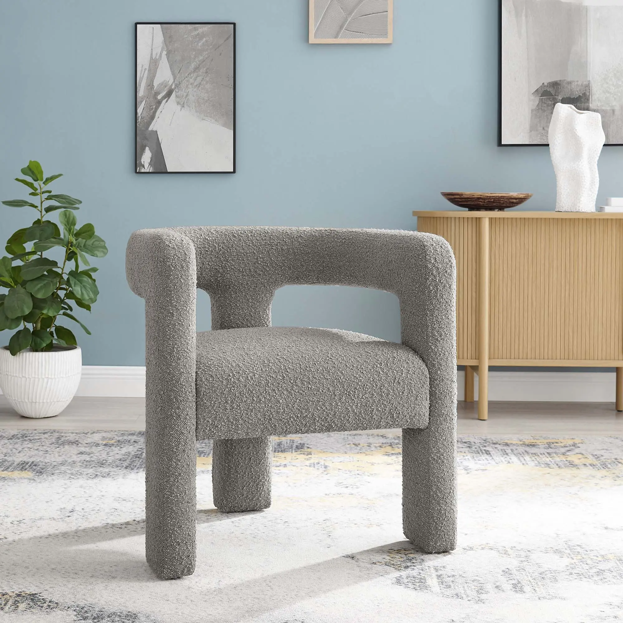 Modway Kayla Boucle Upholstered Armchair - Light Gray, Fabric Padded, Modern, Lounge, Accent, Boucle Upholstery Living Room Furniture, Fabric Padded Chair, Modern Upholstered Chair