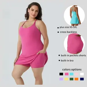Women's 2025 Tight-Fit Sleeveless Anti-Exposure Female Workout Active Dress, Plus-Size Athletic Dress with Built-in Shorts Pocket, Removable Chest Pad for Yoga, Gym